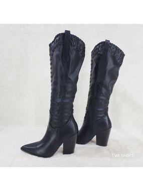 Weaver Black Matte Western Knee High Cowgirl Boots Weave Design